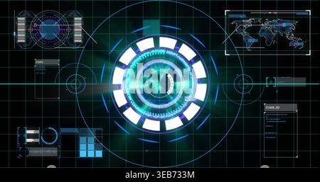 Displaying central holo circular HUD rotating on control console, showing grid, map, graphs, panel Stock Photo