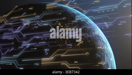 Displaying partially illuminated Earth showing neon circuit overlays and night lights from orbit Stock Photo