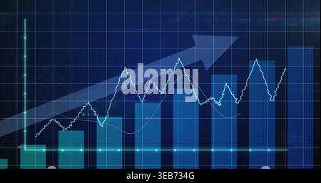 Displaying finance dashboard showing rising vertical bars with two neon lines and arrow Stock Photo