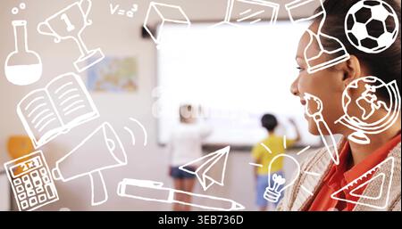 Observing teacher in orange blouse guiding students at whiteboard with map and doodles, copy space Stock Photo