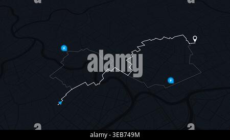 Dark mode GPS navigation map with electric vehicle charging stations and route path. Vector illustration. Stock Vector