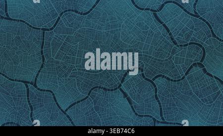 Dark blue city map pattern with winding rivers and intricate street network. Abstract urban town roads background. Vector illustration. Stock Vector