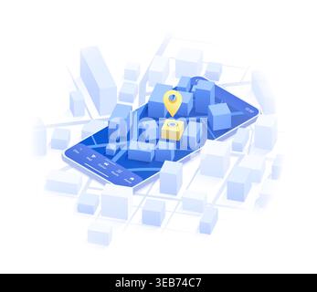 Mobile GPS navigation, smart car location and map pointer. Isometric city map featuring directional signs, an intended goal point on mobile. Vector Stock Vector