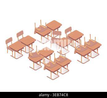 Isometric scene in school classroom ready for summer break. Empty for the summer holidays. Vacation time. Free and empty classroom for student. Vector Stock Vector