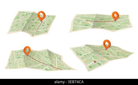 GPS navigation on folded paper maps, highlighted route to red pin. Location tracking and mapping concept, clear path. Vector illustration. Stock Vector