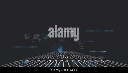 Streaming curved binary-digit plane stretching forward in cyberspace, showing waveforms, grid lines Stock Photo