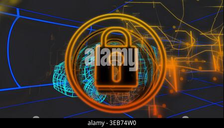 Glowing orange padlock hovering inside rings in blue grid, with cyan car wireframe, neon lines Stock Photo