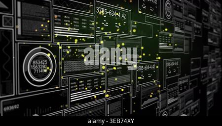 Displaying dense panels and HUDs receding right in 3D control wall, showing numeric readouts Stock Photo
