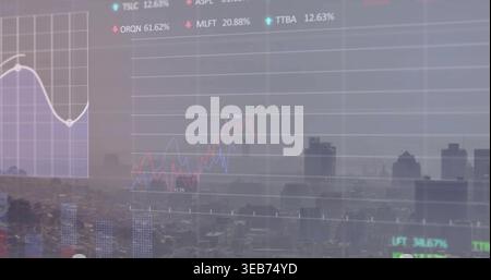 Displaying translucent market overlay covering city skyline, showing red blue lines, bars, tickers Stock Photo
