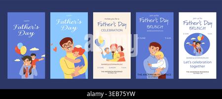 Cards set of Father's Day celebration invitations. Vector illustration of diverse fathers with children, balloons, and event details. Stock Vector