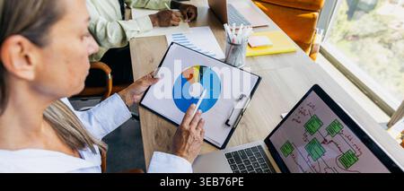 Analysts examining visual data representations with digital tools present Stock Photo