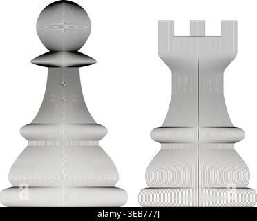 Abstract minimal line art chess pawn and rook with optical illusion contour lines in modern geometric monochrome vector style Stock Vector