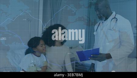 Seeing doctor in white coat holding blue chart in clinic, mother-daughter with toy and map overlay Stock Photo