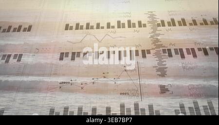 Overlaying transparent bar and line charts drifting over calm seascape, showing 2021 labels Stock Photo