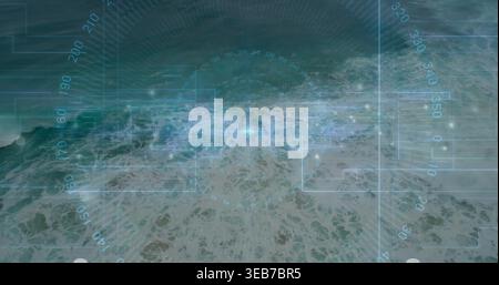 Scanning aerial ocean surface from top-down vantage, displaying translucent HUD grids and waypoints Stock Photo