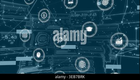 Displaying centralized network of glowing circular icons linking nodes at GUI, with data panels Stock Photo