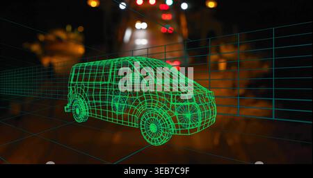 Displaying neon-green wireframe van model hovering over nighttime urban road, with translucent grid Stock Photo