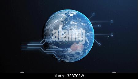 Displaying detailed planet Earth floating in outer space, showing neon-blue circuit nodes Stock Photo