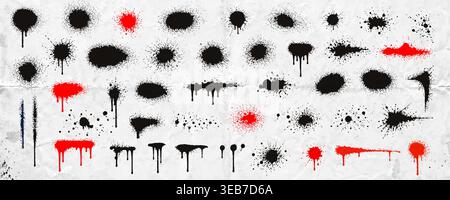 Ink Splatter Paint Drip Grunge Graffiti Spray Texture Collection, Abstract Urban Street Background, Red Black Stain Overlay, Creative Brush Design Stock Vector