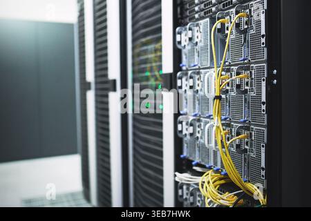 Storage, servers and circuit in empty data center for cybersecurity, IT hardware and infrastructure. Mainframe, wires and database machine for power Stock Photo