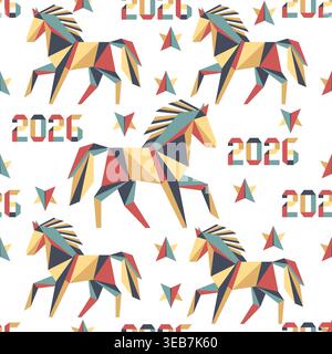 Geometric horses and numbers on a seamless pattern for a festive 2026 background vector Stock Vector
