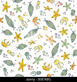 Marine pattern with colorful fish, jellyfish, starfish, and bubbles on white background vector Stock Vector