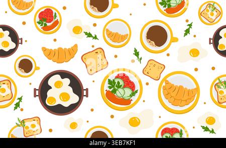 Breakfast food pattern with eggs, toast, coffee, croissant, vegetables on white background vector Stock Vector