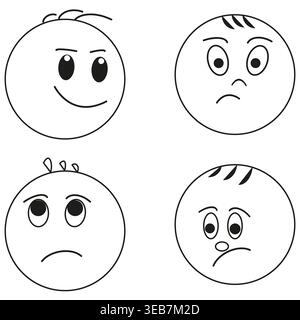 Small emoji icons. 4 faces collection. Different emotions vector. Four character heads. EPS 10. Stock Vector