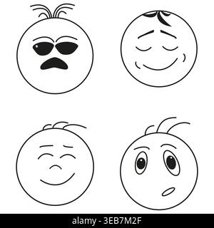 Small emoji icons. 4 faces collection. Different emotions vector. Four character heads. EPS 10. Stock Vector
