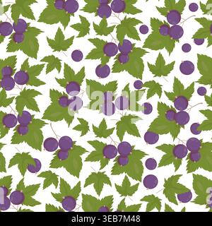 Blackcurrant Seamless Pattern. Fruit Branches of Purple Berries with Leaves on White Background. Botanical Square template Ornament. Vector Stock Vector