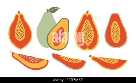 Vector set of tropical papaya fruits showing whole and sliced parts with seeds. Exotic food collection in cute hand drawn doodle style with vibrant Stock Vector