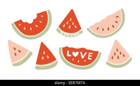 Vector set of red and pink watermelon slices with seeds and bite marks. Summer fruit collection in minimalist hand drawn style featuring heart shape Stock Vector