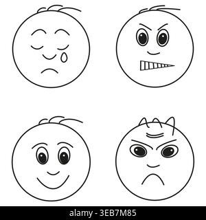 Emoji faces set. Four emotions icons. 4 character heads. Vector cartoon collection. EPS 10. Stock Vector