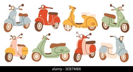 Vector collection of vintage motor scooters and mopeds in pastel colors. Stylish italian style transport set in cute hand drawn doodle style for urban Stock Vector
