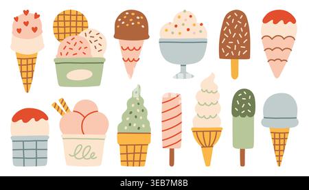 Vector collection of colorful ice cream in flat hand drawn style. Variety of gelato scoops, waffle cones, cups, and popsicles with sprinkles. Sweet Stock Vector