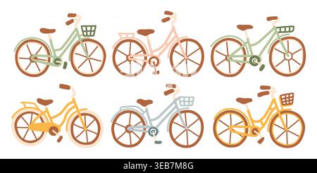 Collection of vintage city bicycles with baskets in various colors. Retro transport set in minimalist hand drawn style featuring classic bike frames Stock Vector