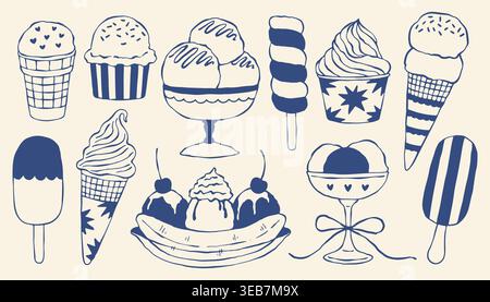 Hand drawn vector ice cream set in mediterranean blue style. Collection of gelato scoops, cones, popsicles, banana split, and sundae. Minimalist Stock Vector