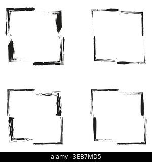 Grunge square frames. Textured border set. Vector hand drawn strokes. Rough charcoal boxes Stock Vector