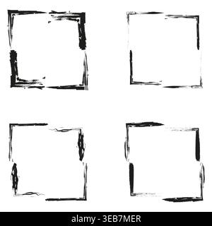 Grunge square frames. Textured border set. Vector hand strokes. Rough charcoal boxes Stock Vector