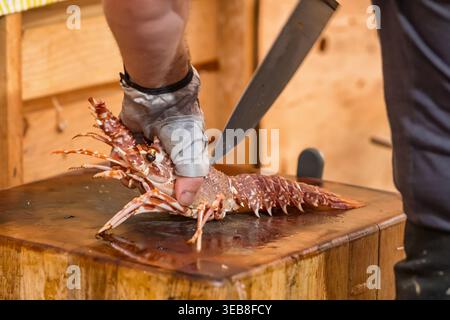 Chef Preparing Fresh Spiny Lobster with Knife on Wooden Block Stock Photo