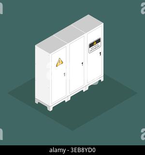 Isometric electrical switchboard vector illustration. Industrial power distribution cabinets with warning signs Stock Vector