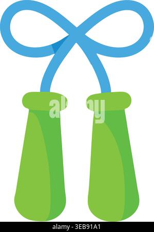 Simple fitness illustration of a green jump rope with two handles and a blue cord tied in a loop above. Stock Vector