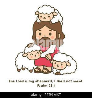 Cute kawaii Jesus Christ shepherd sitting with lambs and Psalm 23 bible verse on white background Stock Vector