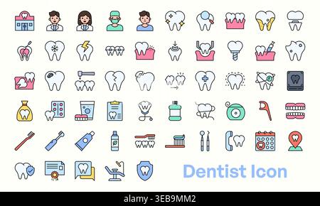 Dental and dentist icon set with tooth care medical and clinic symbols on light background Stock Vector