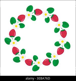 Strawberry wreath with ripe red berries, green leaves and white flowers isolated on white. Round fruit frame summer design. Vector template for banner Stock Vector