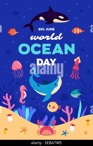 world ocean day poster illustration in flat design Stock Vector