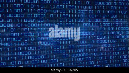 Displaying glowing blue binary digits on digital display, showing grid, scan lines, circuit texture Stock Photo