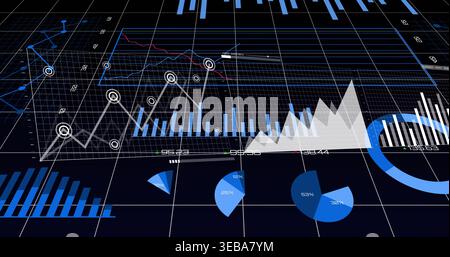 Displaying 3D data visual on dark grid plane, showing circled line points, bars, numeric labels Stock Photo