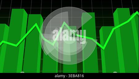Displaying 3D green bars and neon line graph moving on dark grid console, showing circular overlay Stock Photo