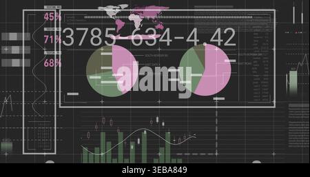 Displaying white-framed panel showing two pink-green pie charts and numeric overlay on dark HUD Stock Photo